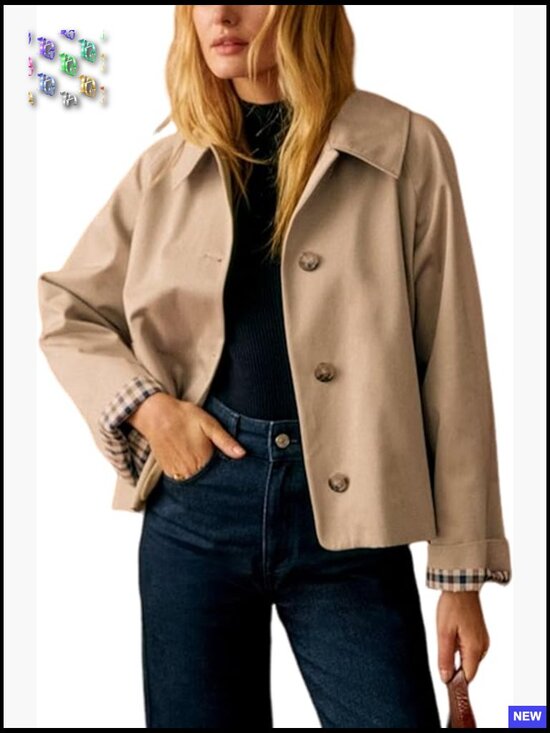 Jackets & Blazers - Oversize Trench Coat Plaid Lining Lapel Button Down Casual Crop Jacket with